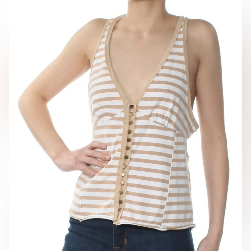 Free People • Striped Tan and White Button Down Tank Top